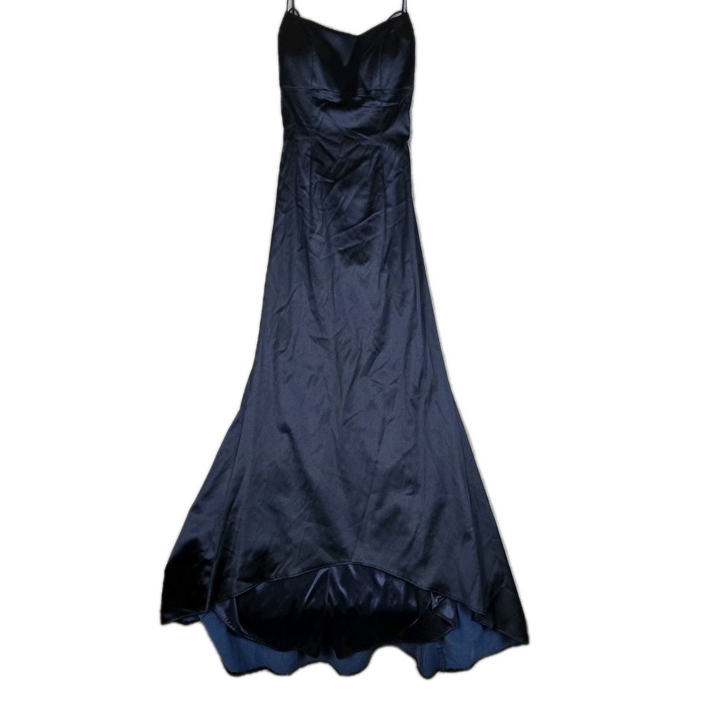 Sherri Hill Dress Womens 4 Navy Blue Satin Prom Evening Gown Strappy Zip‎